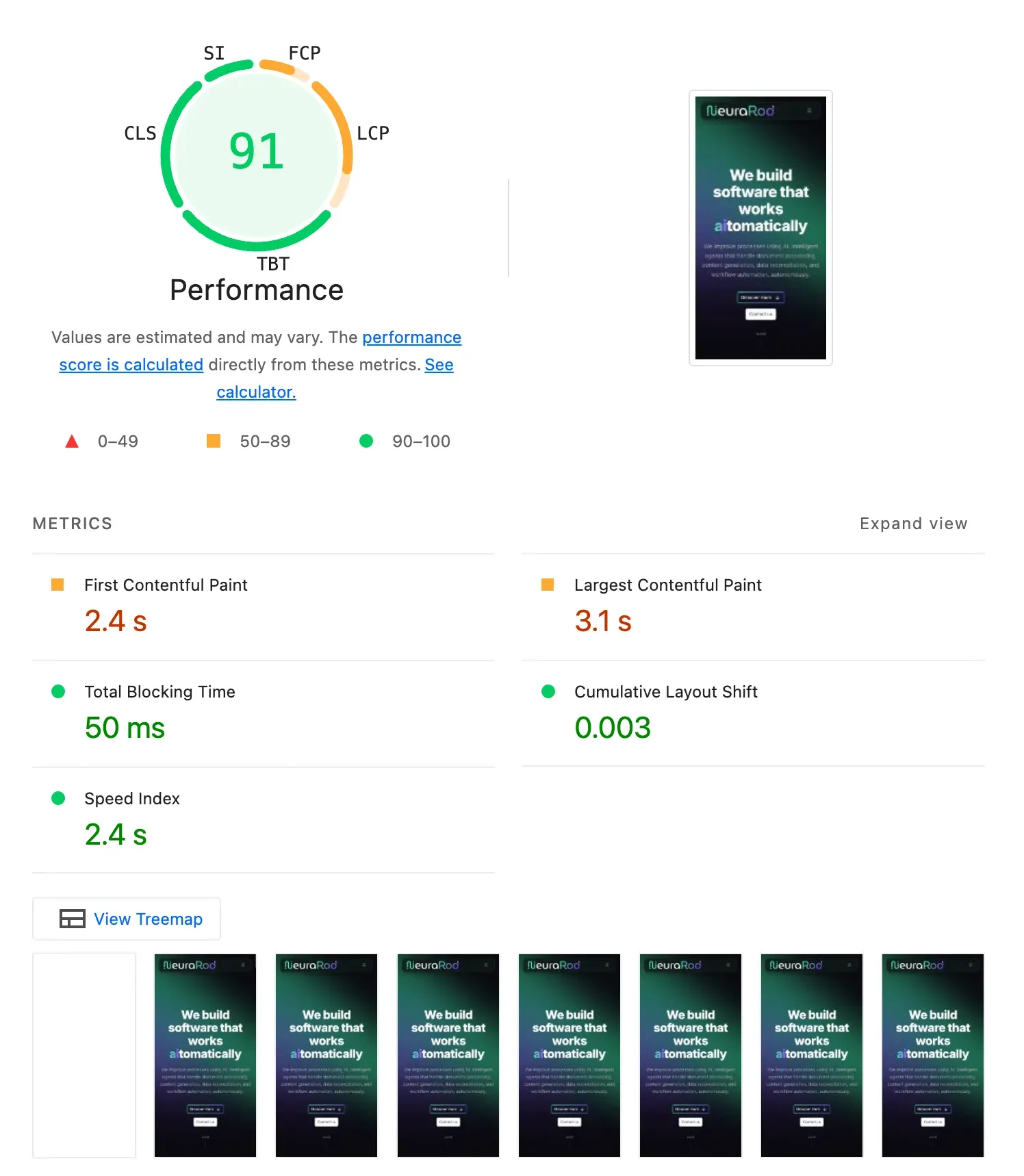 Lighthouse report for the Nuxt site: performance score 91, LCP 3.1 s, CLS 0.003