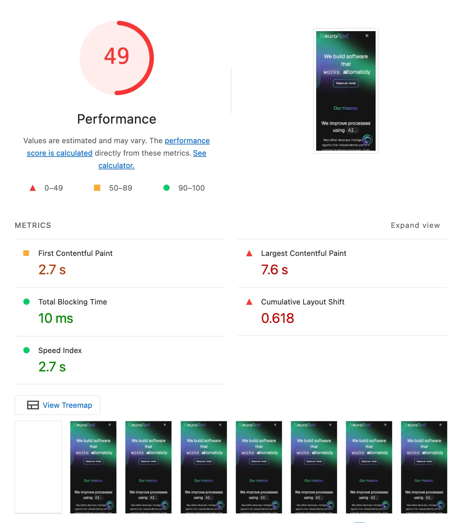 Lighthouse report for the WordPress site: performance score 49, LCP 7.6 s, CLS 0.618